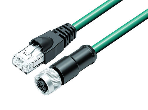 Vista en 3D 77 9753 4530 34704-0100 - M12/RJ45 Cable de conexión conector de cable hembra - conector RJ45, Número de contactos: 4, blindado, moldeado/engarzado, IP67, Ethernet CAT5e, TPE, azul/verde, 2 x 2 x AWG 24, 1 m