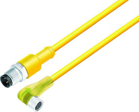 Illustration M12/M8 Male cable connector - female angled connector, Contacts: 3, unshielded, moulded on the cable, IP67/IP69K, UL 2238, PLTC, TPE-E, yellow, 4 x AWG 22, 0.3 m