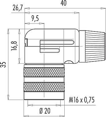 Dessin coté M16 Connecteur femelle coudé, Contacts: 2 (02-a), 6,0-8,0 mm, blindable, souder, IP40