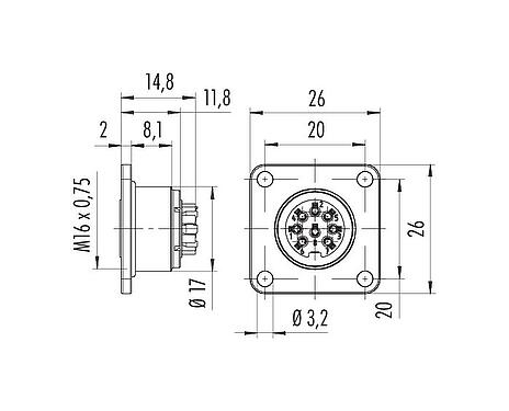 Scale drawing M16 Square female panel mount connector, Contacts: 8 (08-a), unshielded, crimping (Crimp contacts must be ordered separately), IP68, UL 2238, AISG compliant, M3 (4x), Front mounting