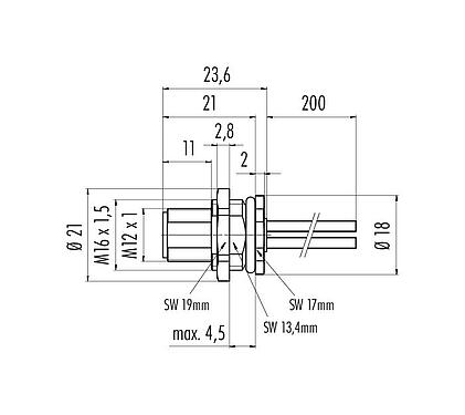 Scale drawing 76 0631 1015 00004-0200 - M12 Male panel mount connector, Contacts: 4, unshielded, single wires, IP68, M16x1.5, front fastened