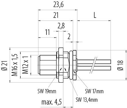 Dibujo a escala M12 Enchufe de brida, Número de contactos: 4, sin blindaje, hilos, IP68, UL 2238, M16x1,5, Montaje en pared