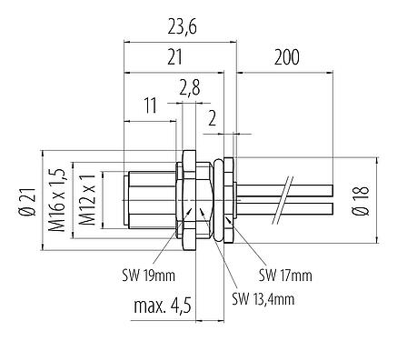Dibujo a escala M12 Enchufe de brida, Número de contactos: 4, sin blindaje, hilos, IP68, UL 2238, M16x1,5, Montaje en pared