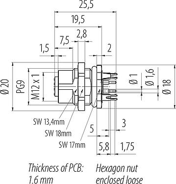 Scale drawing M12 Female panel mount connector, Contacts: 4, shieldable, THT, IP67, UL 2238, PG 9, Rear mounting, potted