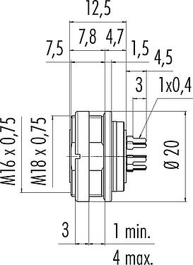 Scale drawing M16 Female panel mount connector, Contacts: 5 (05-b), unshielded, THT, IP67, UL 2238, M18x0,75, Rear mounting