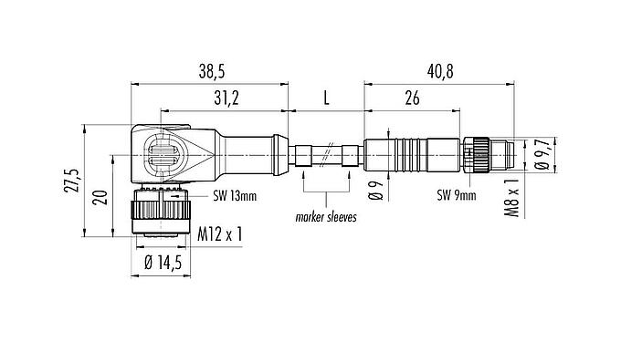 Scale drawing M12/M8 Male cable connector - female angled connector, Contacts: 4, unshielded, moulded on the cable, IP67/IP69K, UL 2238, PLTC, TPE, black, 4 x AWG 22, 1 m