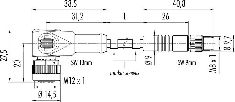 Scale drawing M12/M8 Male cable connector - female angled connector, Contacts: 3, unshielded, moulded on the cable, IP67/IP69K, UL 2238, PUR, black, 3 x 0.34 mm², 1 m