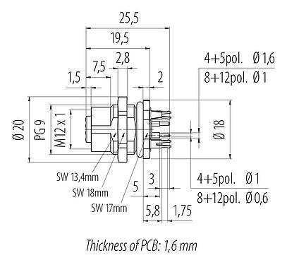 Scale drawing 86 0532 1120 00005 - M12 Female panel mount connector, Contacts: 5, shieldable, THT, IP68, UL 2238, PG 9, rear mounting