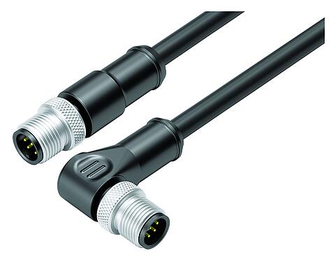 Illustration M12 Connecting cable male cable connector - male angled connector, Contacts: 8, shielded, moulded on the cable, IP67, Ethernet CAT5e, TPE, black, 4 x 2 x AWG 24, 5 m