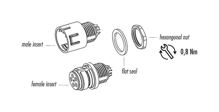 Component part drawing Snap-In Female panel mount connector, Contacts: 8, unshielded, solder, IP67, UL 2238, VDE, M12x1.0, Front mounting