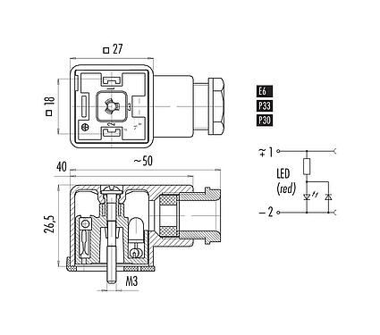 Scale drawing Female power connector, Contacts: 2+PE, 8.0-10.0 mm, unshielded, screw clamp, IP40 without seal, PG 11, Circuit P30, with LED PNP closer