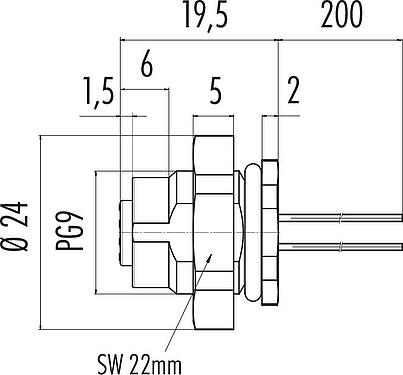 Scale drawing M12 Female panel mount connector, Contacts: 8, unshielded, single wires, IP67, UL 2238, PG 9, Rear mounting