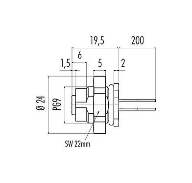 Scale drawing M12 Female panel mount connector, Contacts: 8, unshielded, single wires, IP67, UL 2238, PG 9, Rear mounting