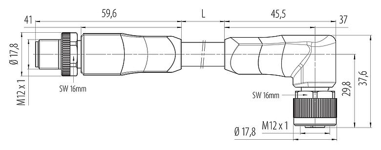 Dibujo a escala M12 Conector de cable macho - conector hembra en ángulo, Número de contactos: 4+FE, sin blindaje, moldeado en el cable, IP68, UL 2238, PUR, negro, 5 x 1,50 mm², 5 m