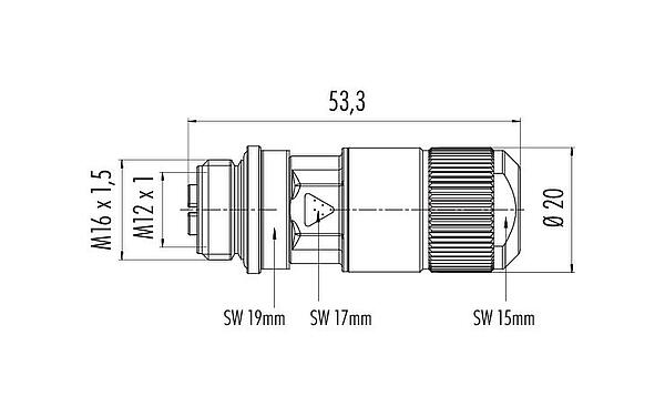 Dibujo a escala M12 Conector de cable hembra, Número de contactos: 8, 5,5-9,0 mm, blindable, IDC, IP67