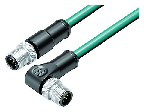 Illustration M12 Connecting cable male cable connector - male angled connector, Contacts: 8, shielded, moulded on the cable, IP67, Ethernet CAT5e, TPE, teal, 4 x 2 x AWG 24, 1 m