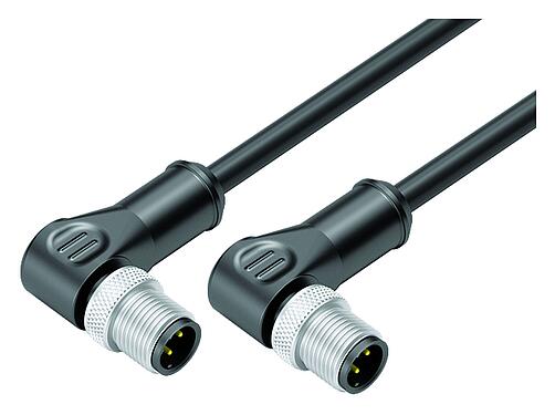 Illustration M12 Connecting cable 2 male angled connector, Contacts: 4, shielded, moulded on the cable, IP67, UL, Ethernet CAT5e, TPE, black, 2 x 2 x AWG 24, 2 m