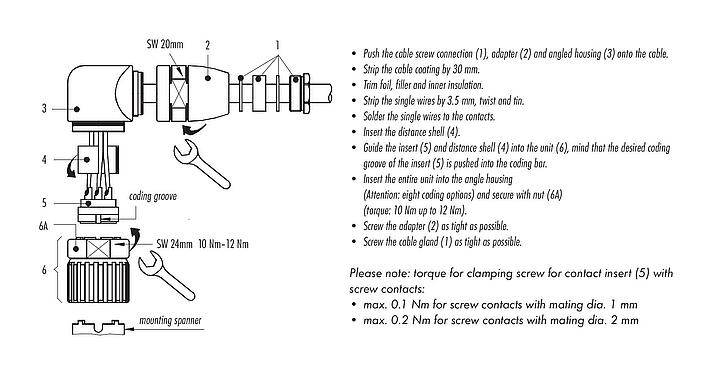 Instructions de montage M23 Connecteur mâle coudé, Contacts: 12, 6,0-10,0 mm, non blindé, souder, IP67