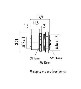 Dessin coté M12 Embase femelle, Contacts: 8, non blindé, souder, IP67, UL 2238, M16x1,5, Montage frontal