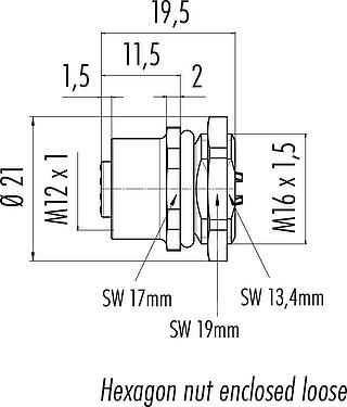 Scale drawing M12 Female panel mount connector, Contacts: 5, unshielded, solder, IP67, UL 2238, M16x1.5, Front mounting