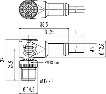 Dibujo a escala M12 Conector macho en ángulo, Número de contactos: 4, sin blindaje, moldeado en el cable, IP68/IP69K, UL 2238, PUR, negro, 4 x 0,34 mm², 2 m