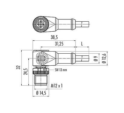 Scale drawing M12 Male angled connector, Contacts: 3, unshielded, moulded on the cable, IP68/IP69K, UL 2238, PUR, black, 3 x 0.34 mm², 5 m