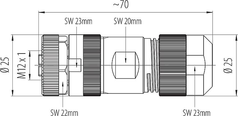 Dibujo a escala M12 Conector de cable hembra, Número de contactos: 4+PE, 8,0-13,0 mm, sin blindaje, tornillo extraíble, IP67, UL 2237 en preparación, con conexión de PE