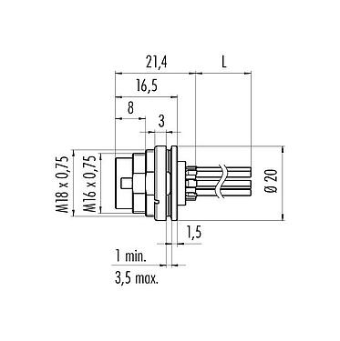 Scale drawing 09 0111 782 04 - M16 Male panel mount connector, Contacts: 4 (04-a), unshielded, single wires, IP67, UL, front fastened