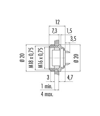 Scale drawing M16 Female panel mount connector, Contacts: 24, unshielded, solder, IP40, M18x0,75, Rear mounting