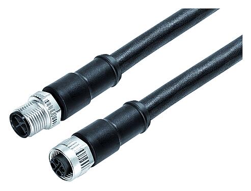 Ilustración M12 Cable de conexión conector de cable macho - conector de cable hembra, Número de contactos: 3+PE, sin blindaje, moldeado en el cable, IP68, UL 2238, M12x1,0, PUR, negro, 4 x 1,50 mm², 2 m