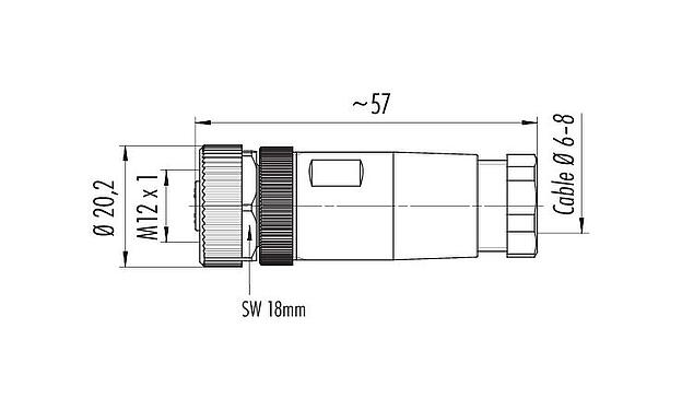 Dessin coté M12 Connecteur femelle, Contacts: 4, 6,0-8,0 mm, non blindé, pince à visser, IP67, UL 2238, VDE