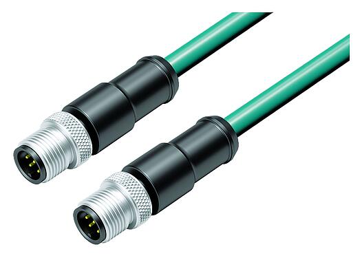 Illustration M12 Connecting cable 2 male cable connectors, Contacts: 8, shielded, moulded on the cable, IP67, Ethernet CAT5e, TPE, teal, 4 x 2 x AWG 24, 2 m