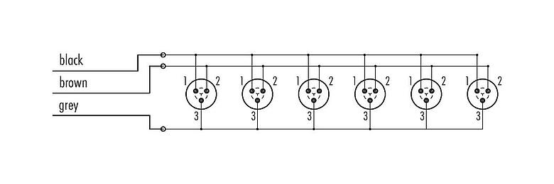 Schémas d’affectation des broches 72 9141 500 06 - Snap-In Distributeur 6 voies, Contacts: 3, non blindé, surmoulé sur le câble, IP67, 3 x 0,75 mm²