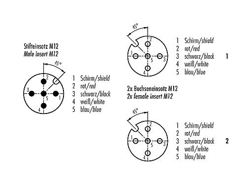 Disposition des contacts (Côté plug-in) 77 9851 2530 50705-0100 - M12 Duo connecteur mâle - 2 connecteurs femelle M12x1, Contacts: 5, blindé, surmoulé sur le câble, IP67, CAN-Bus, PUR, violet, 1 x 2 x AWG 22 + 1 x 2 x AWG 24, 1 m