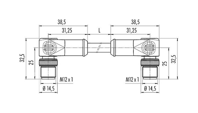 Scale drawing M12 Connecting cable 2 male angled connector, Contacts: 4, shielded, moulded on the cable, IP67, UL, Ethernet CAT5e, TPE, teal, 2 x 2 x AWG 24, 2 m