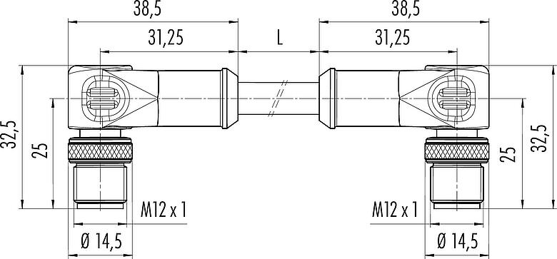 Scale drawing M12 Connecting cable 2 male angled connector, Contacts: 4, shielded, moulded on the cable, IP67, UL, Ethernet CAT5e, TPE, black, 2 x 2 x AWG 24, 2 m
