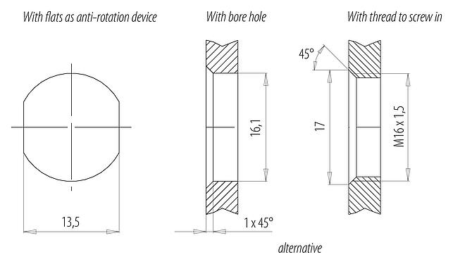 Muestra de montaje M12 Enchufe de brida, Número de contactos: 5, sin blindaje, hilos, IP68, UL 2238, M16x1,5, Montaje frontal, moldeado