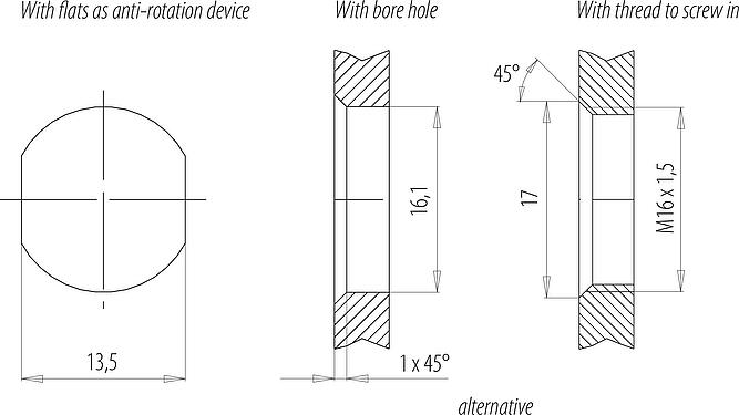 Muestra de montaje M12 Enchufe de brida, Número de contactos: 5, sin blindaje, hilos, IP68, UL 2238, M16x1,5, Montaje frontal, moldeado