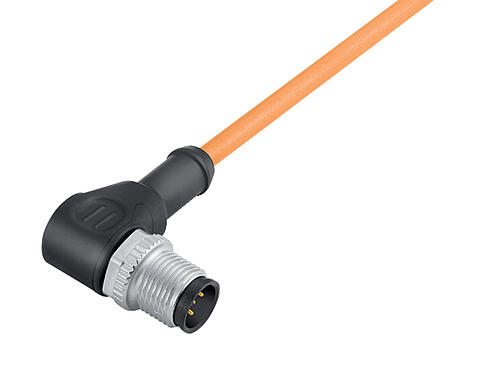 Vue 3D 77 3427 0000 80003-0200 - M12-A Connecteur mâle coudé, Contacts: 3, non blindé, surmoulé sur le câble, IP68, UL, PUR, orange, 3 x 0,34 mm², pour les applications de soudage, 2 m