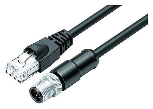 Illustration M12/RJ45 Connecting cable male cable connector - RJ45 connector, Contacts: 8, shielded, molded/crimp, IP67, Ethernet CAT5e, TPE, black, 4 x 2 x AWG 24, 0.6 m
