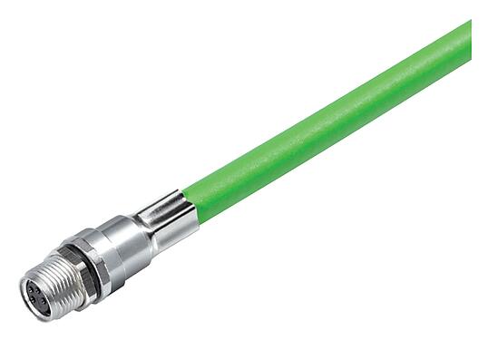 Illustration M8 Female panel mount connector, Contacts: 4, shielded, with cable assembled, IP67, M10x0.75, Ethernet, PUR, green, 4 x AWG 22, Rear mounting, potted, 0.5 m