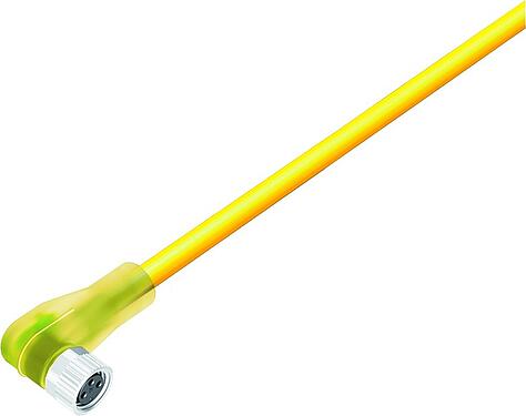 Illustration M8 Female angled connector, Contacts: 3, unshielded, moulded on the cable, IP67, UL 2238, Standard, PVC, yellow, 3 x AWG 22, 10 m