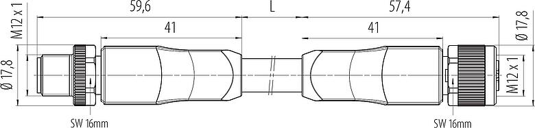 Dibujo a escala M12 Conector de cable macho - conector de cable hembra, Número de contactos: 4+PE, sin blindaje, moldeado en el cable, IP68, UL 2238, PUR, negro, 5 x 1,50 mm², UL en preparación, 2 m