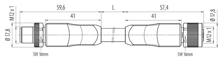 Dibujo a escala M12 Conector de cable macho - conector de cable hembra, Número de contactos: 4+PE, sin blindaje, moldeado en el cable, IP68, UL 2238, PUR, negro, 5 x 2,50 mm², UL en preparación, 5 m