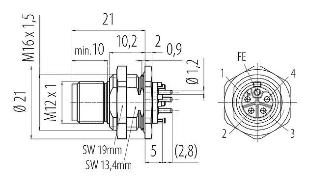 Scale drawing M12 Male panel mount connector, Contacts: 4+FE, unshielded, THR, IP67, UL 2238, M16x1.5, Rear mounting