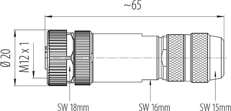 Dibujo a escala M12 Conector de cable hembra, Número de contactos: 4, 8,0-9,0 mm, blindable, tornillo extraíble, IP67, UL 2238, Pluma de iris
