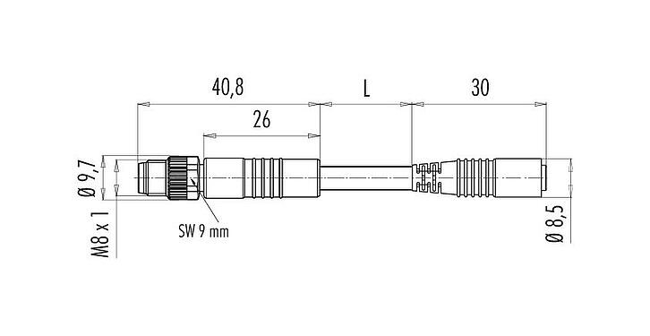 Scale drawing M8 Male cable connector - female cable connector, Contacts: 3, unshielded, moulded on the cable, IP65, PUR, black, 3 x 0.25 mm², 1 m