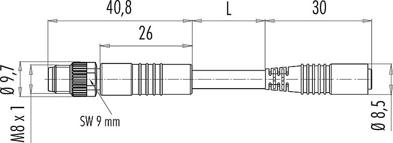 Scale drawing M8 Male cable connector - female cable connector, Contacts: 3, unshielded, moulded on the cable, IP65, PUR, black, 3 x 0.25 mm², 1 m