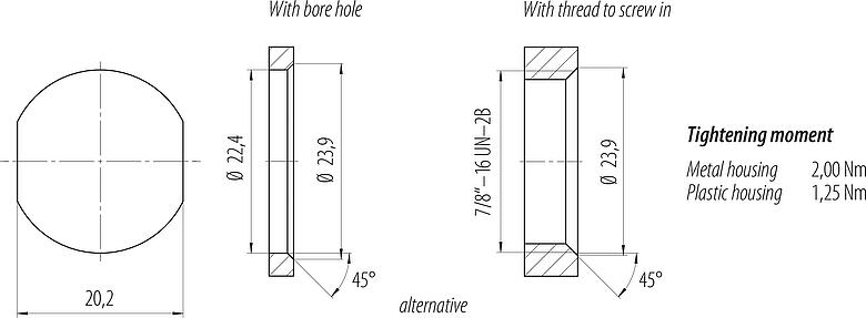Muestra de montaje 7/8" Enchufe de brida, Número de contactos: 2+PE, sin blindaje, hilos, IP68, UL 2238, VDE, Montaje frontal, moldeado