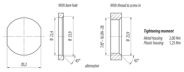 Muestra de montaje 7/8" Enchufe de brida, Número de contactos: 2+PE, sin blindaje, hilos, IP68, UL 2238, VDE, Montaje frontal, moldeado